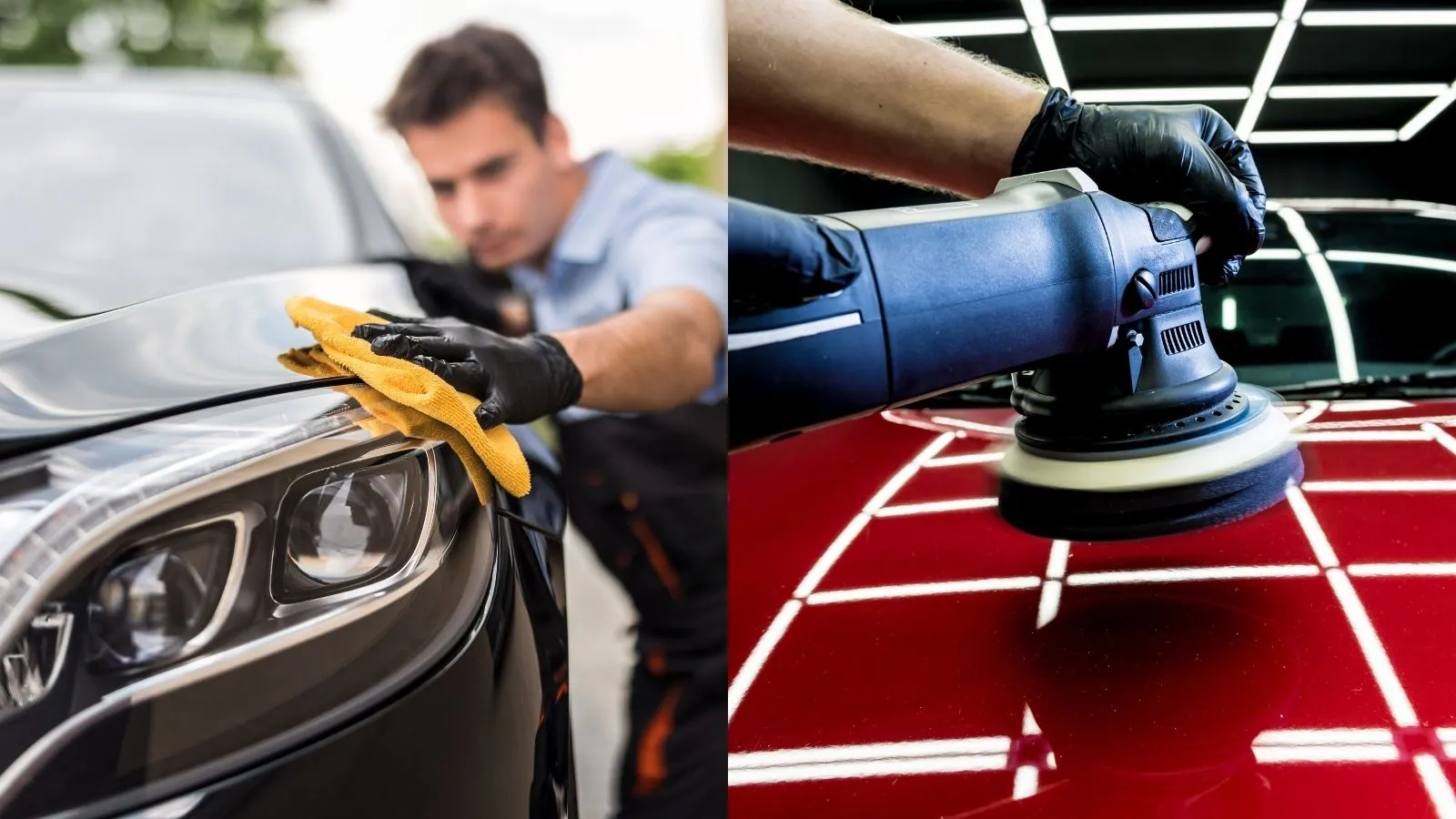 A mobile detailer hand-finishing a car (left) and a workshop machine-polishing under studio lights (right)