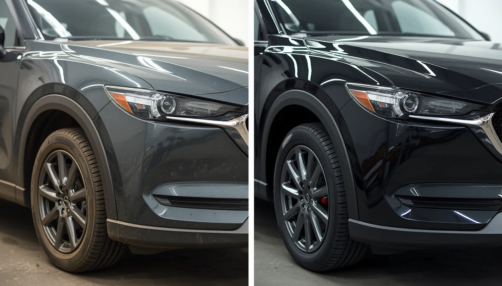 Side-by-side comparison of a clean, detailed vehicle and a dirty, neglected one