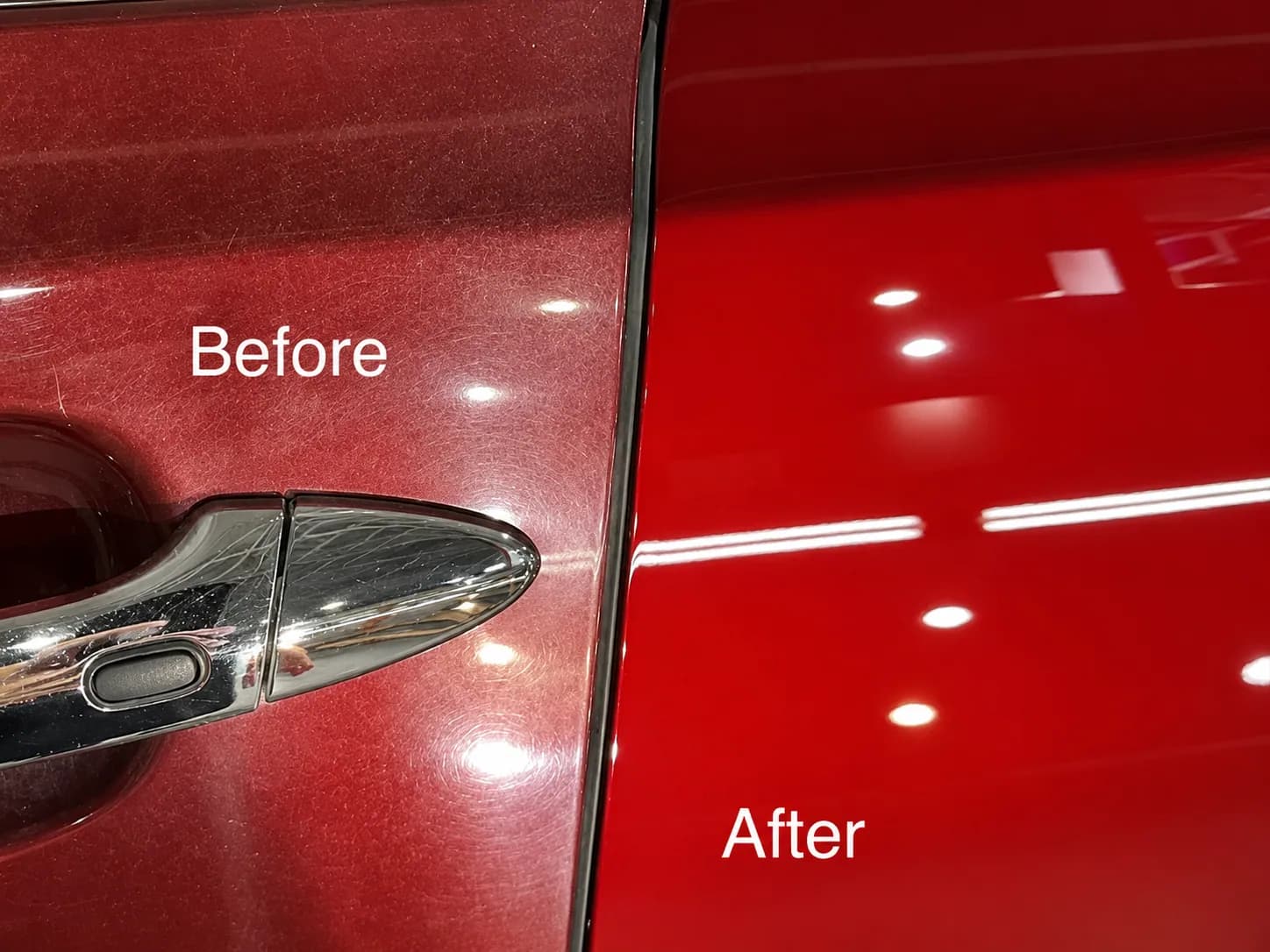 Before and after paint enhancement showing gloss improvement